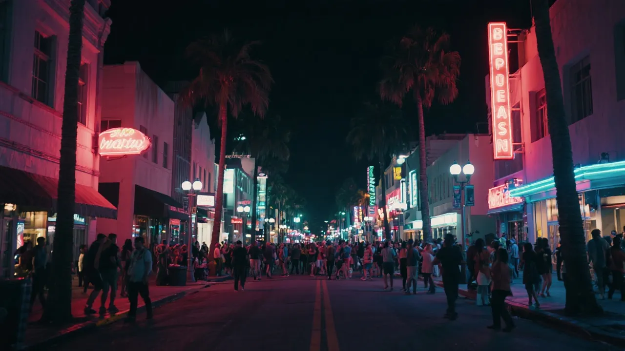 洛杉矶夜色街景与霓虹，赛后人群与城市氛围